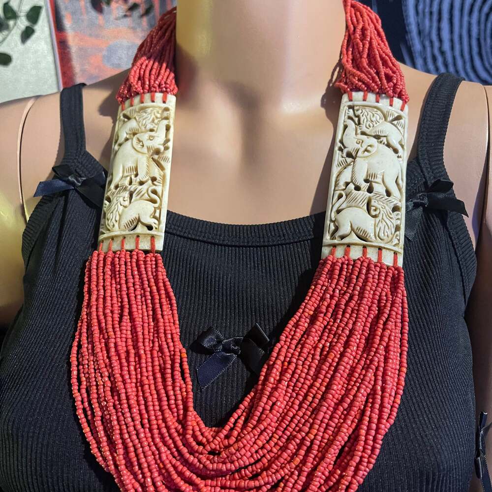 Vintage Multi Strand Red Seed Bead Tribal Necklace with Carved Elephant Pendant